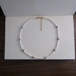 White and Gold Tone Heart Beaded Necklace